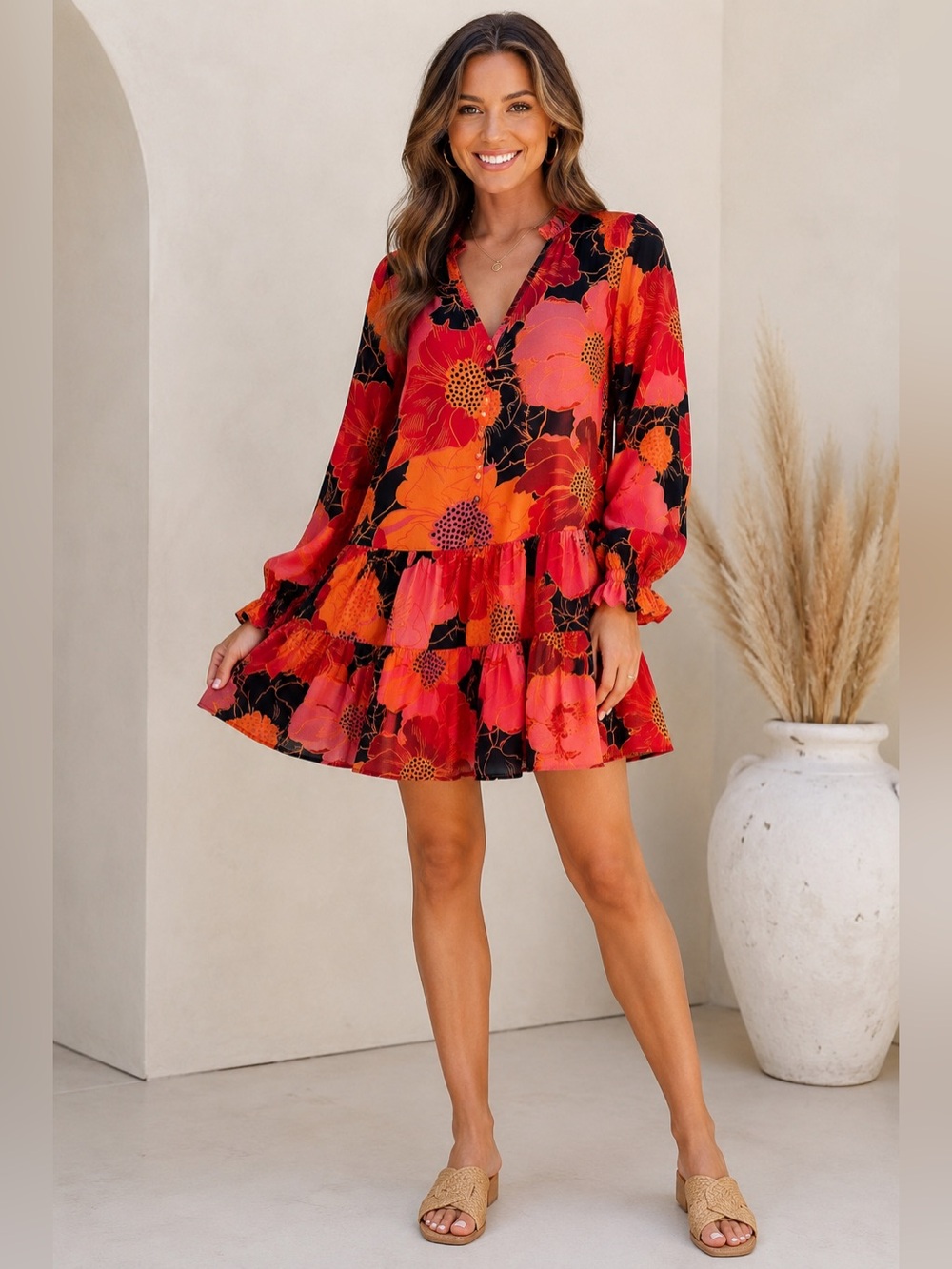 J. Marie Cabo Floral Tiered Mini Dress Small Boho Resort V-Neck
